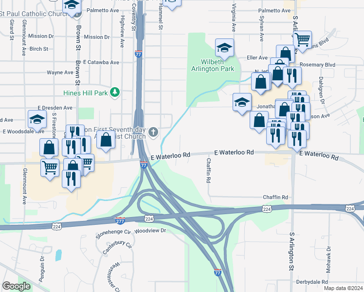 map of restaurants, bars, coffee shops, grocery stores, and more near 731 East Waterloo Road in Akron