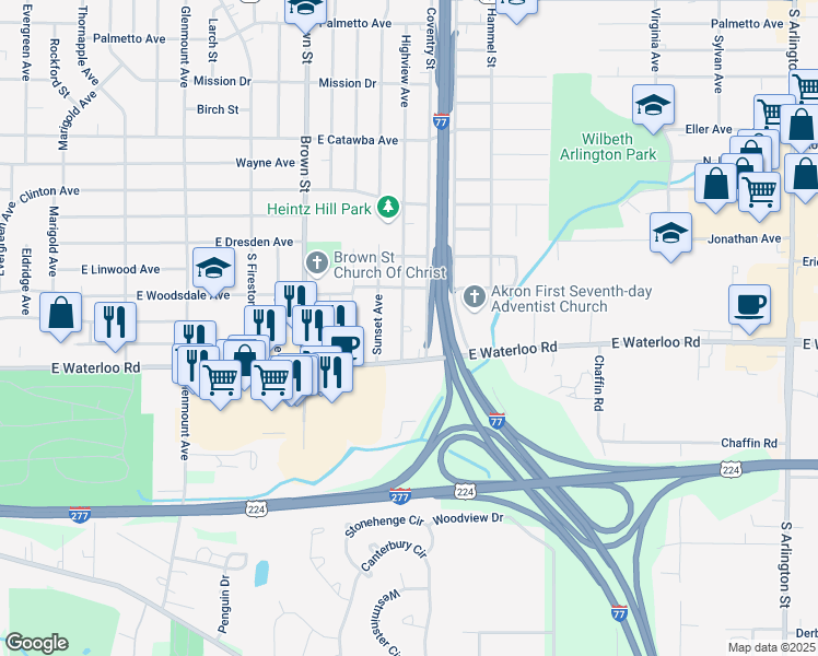 map of restaurants, bars, coffee shops, grocery stores, and more near 1910 Highview Avenue in Akron