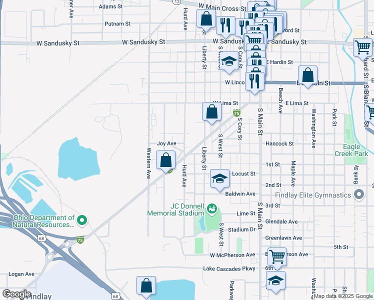 map of restaurants, bars, coffee shops, grocery stores, and more near 429 Elm Street in Findlay