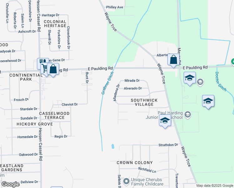 map of restaurants, bars, coffee shops, grocery stores, and more near 6119 Altadena Drive in Fort Wayne