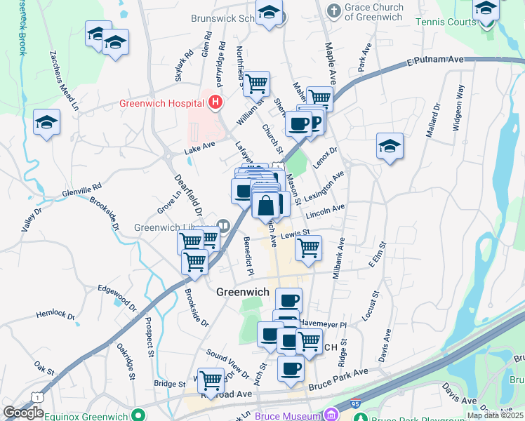map of restaurants, bars, coffee shops, grocery stores, and more near 48 West Putnam Avenue in Greenwich