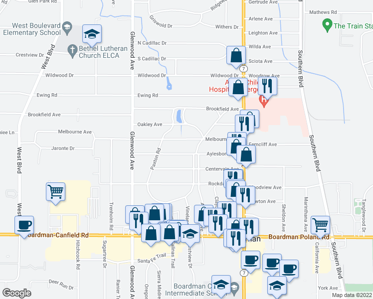 map of restaurants, bars, coffee shops, grocery stores, and more near 124 Aylesboro Avenue in Youngstown