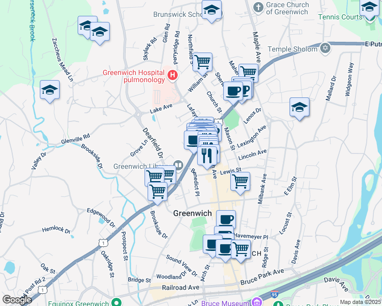 map of restaurants, bars, coffee shops, grocery stores, and more near 49 West Putnam Avenue in Greenwich