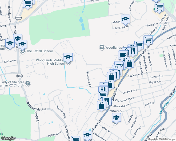 map of restaurants, bars, coffee shops, grocery stores, and more near 182 Pinewood Road in Hartsdale
