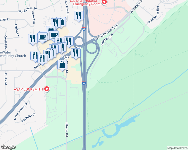 map of restaurants, bars, coffee shops, grocery stores, and more near 8309 West Jefferson Boulevard in Fort Wayne