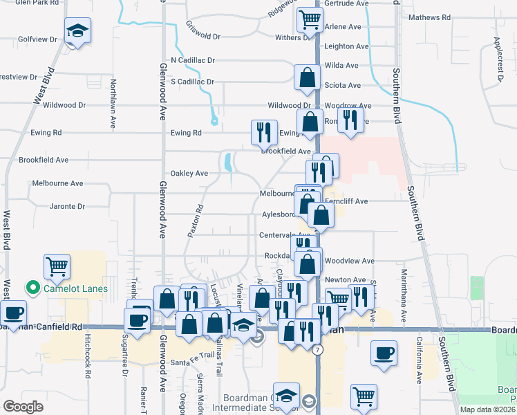 map of restaurants, bars, coffee shops, grocery stores, and more near 94 Aylesboro Avenue in Youngstown