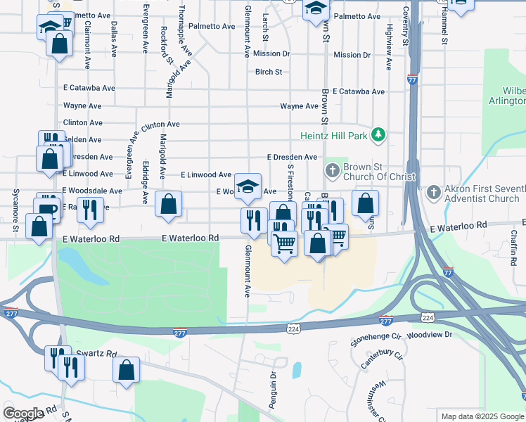 map of restaurants, bars, coffee shops, grocery stores, and more near 1875 Glenmount Avenue in Akron