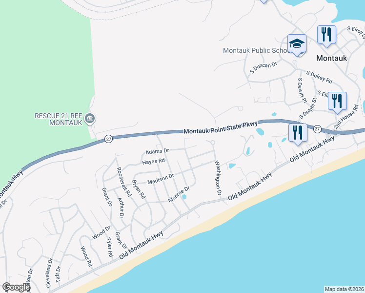 map of restaurants, bars, coffee shops, grocery stores, and more near 148 Monroe Drive in Montauk