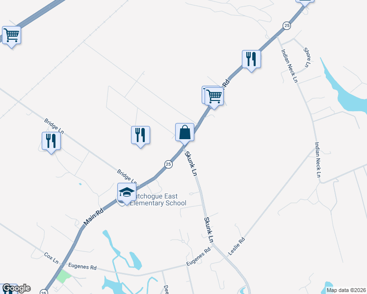 map of restaurants, bars, coffee shops, grocery stores, and more near 36860 Main Road in Cutchogue