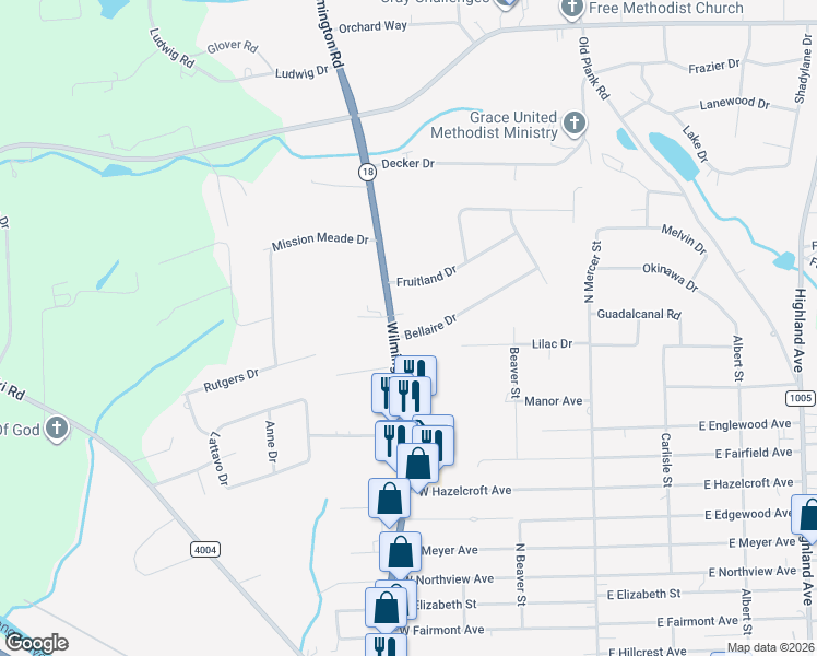 map of restaurants, bars, coffee shops, grocery stores, and more near 2508 Wilmington Road in New Castle