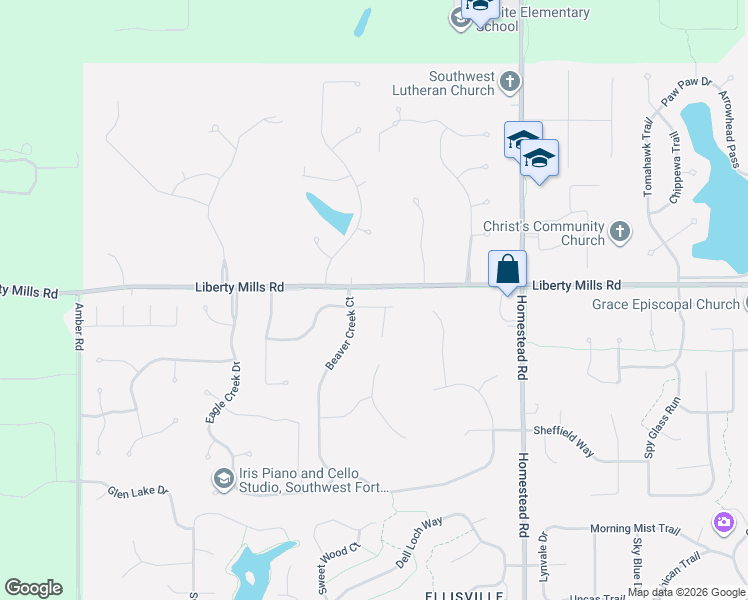 map of restaurants, bars, coffee shops, grocery stores, and more near 5923 Brightleaf Court in Fort Wayne