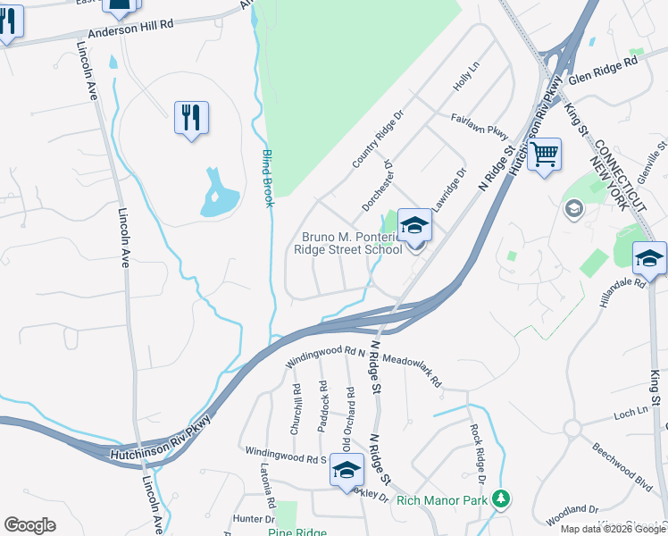 map of restaurants, bars, coffee shops, grocery stores, and more near 196 Country Ridge Drive in Rye Brook