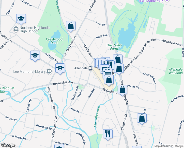 map of restaurants, bars, coffee shops, grocery stores, and more near 238 Orchard Park in Allendale