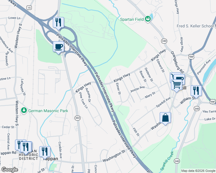 map of restaurants, bars, coffee shops, grocery stores, and more near Palisades Interstate Parkway in Tappan