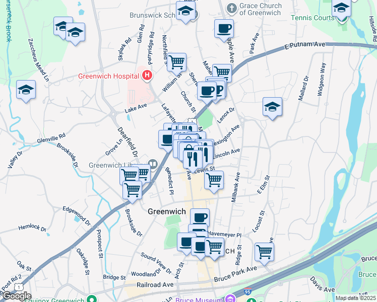 map of restaurants, bars, coffee shops, grocery stores, and more near 99 Greenwich Avenue in Greenwich