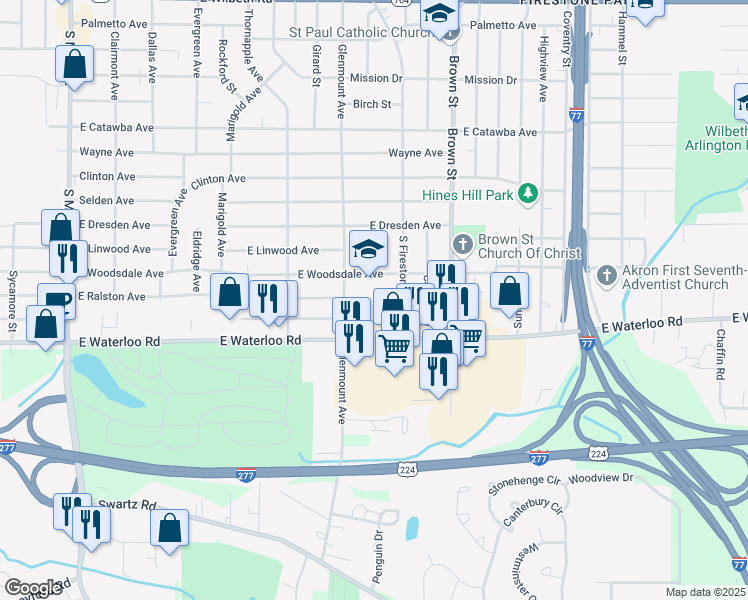 map of restaurants, bars, coffee shops, grocery stores, and more near 1875 Glenmount Avenue in Akron