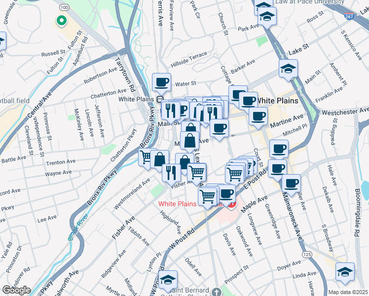 map of restaurants, bars, coffee shops, grocery stores, and more near 2 Martine Avenue in White Plains