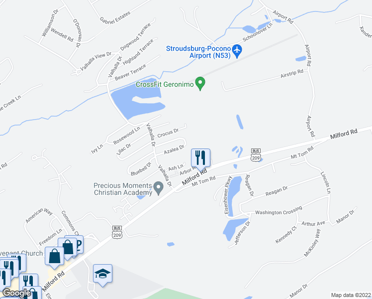 map of restaurants, bars, coffee shops, grocery stores, and more near 12 Azalea Drive in East Stroudsburg