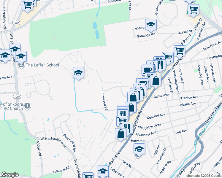 map of restaurants, bars, coffee shops, grocery stores, and more near 10 Fieldstone Drive in Hartsdale