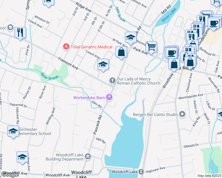 map of restaurants, bars, coffee shops, grocery stores, and more near 29 Pascack Road in Park Ridge