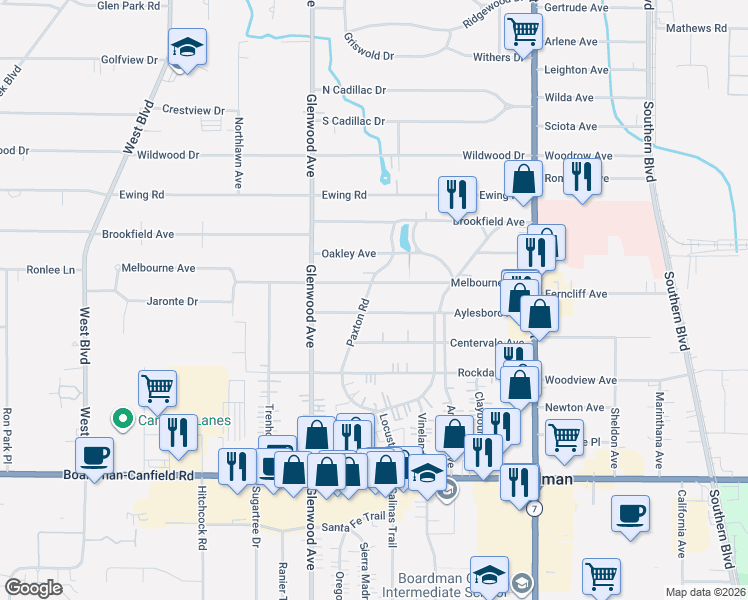 map of restaurants, bars, coffee shops, grocery stores, and more near 6811 Paxton Road in Youngstown