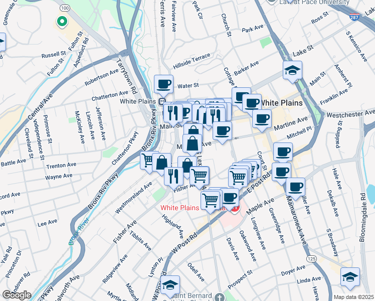 map of restaurants, bars, coffee shops, grocery stores, and more near 76 South Lexington Avenue in White Plains