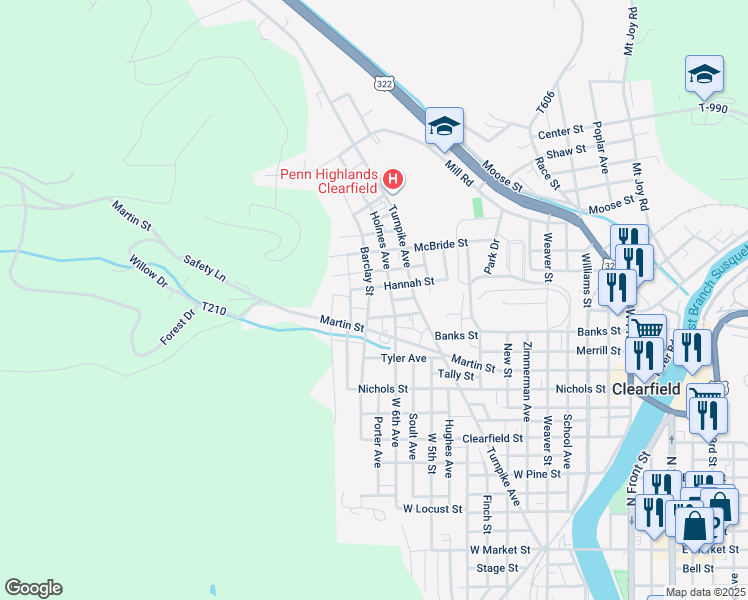 map of restaurants, bars, coffee shops, grocery stores, and more near 623 Barclay Street in Clearfield