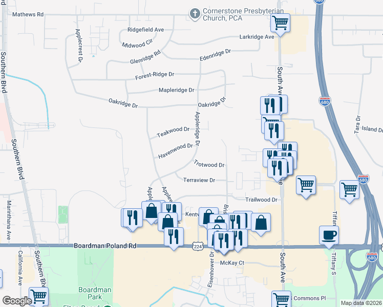 map of restaurants, bars, coffee shops, grocery stores, and more near 827 Trotwood Drive in Youngstown