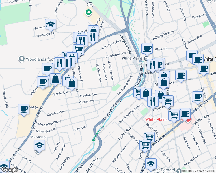 map of restaurants, bars, coffee shops, grocery stores, and more near 98 Lincoln Avenue in White Plains