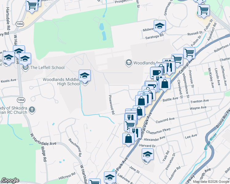 map of restaurants, bars, coffee shops, grocery stores, and more near 182 Pinewood Road in Hartsdale