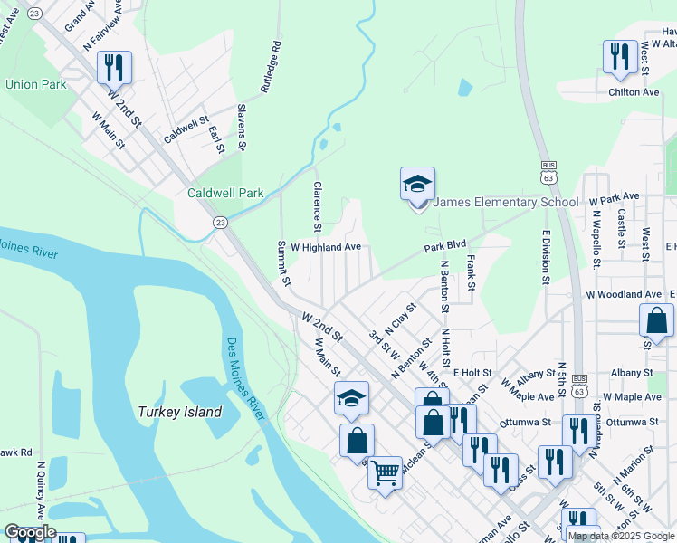 map of restaurants, bars, coffee shops, grocery stores, and more near 300-398 Mcpherson Ave in Ottumwa