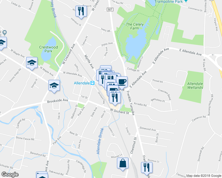 map of restaurants, bars, coffee shops, grocery stores, and more near 67 West Allendale Avenue in Allendale
