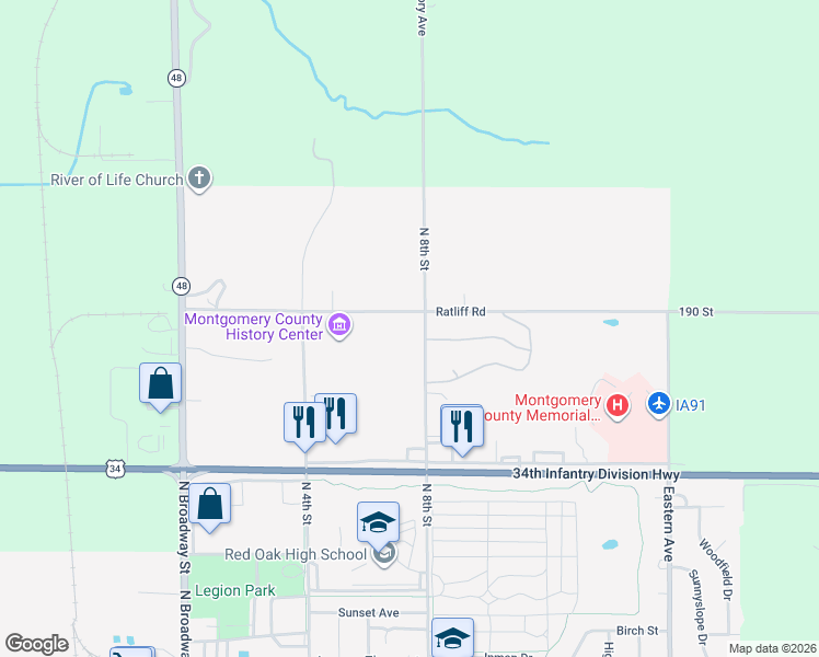 map of restaurants, bars, coffee shops, grocery stores, and more near 2701 North 8th Street in Red Oak