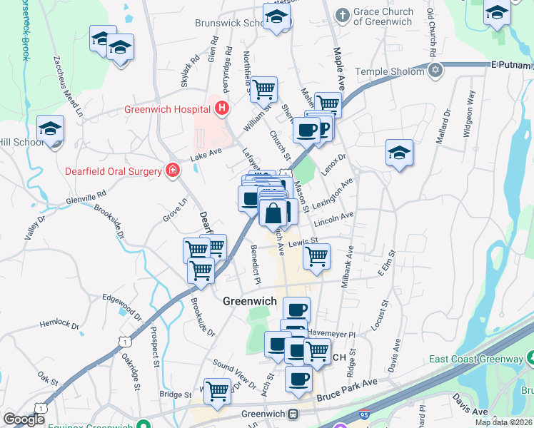 map of restaurants, bars, coffee shops, grocery stores, and more near 48 West Putnam Avenue in Greenwich