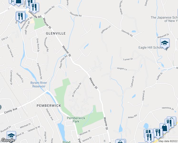 map of restaurants, bars, coffee shops, grocery stores, and more near 17 East Lyon Farm Drive in Greenwich
