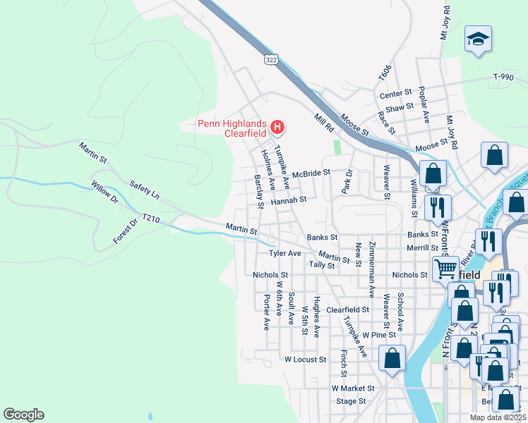 map of restaurants, bars, coffee shops, grocery stores, and more near 623 Barclay Street in Clearfield