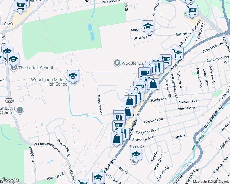 map of restaurants, bars, coffee shops, grocery stores, and more near 16 Fieldstone Drive in Hartsdale
