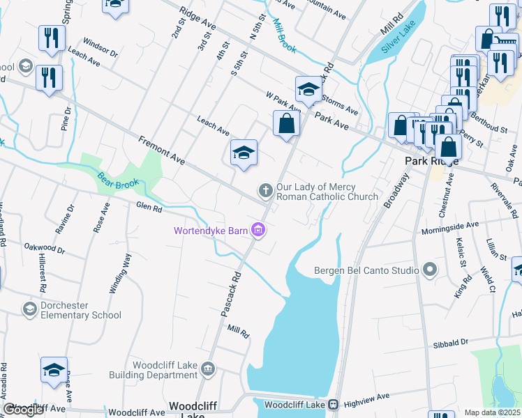 map of restaurants, bars, coffee shops, grocery stores, and more near 22 Pascack Road in Park Ridge
