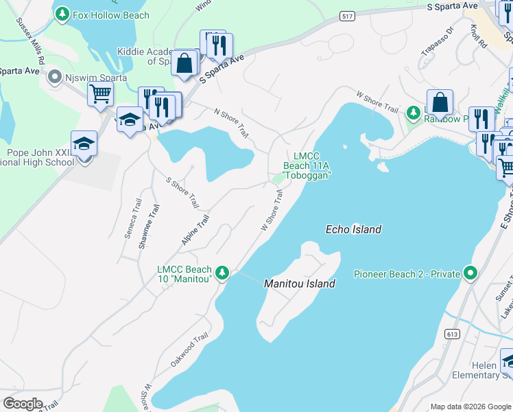 map of restaurants, bars, coffee shops, grocery stores, and more near 40 Crestwood Trail in Sparta