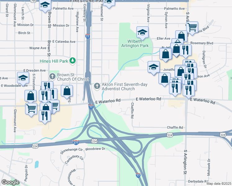 map of restaurants, bars, coffee shops, grocery stores, and more near 731 East Waterloo Road in Akron