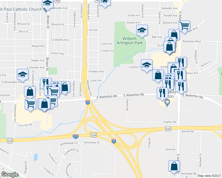 map of restaurants, bars, coffee shops, grocery stores, and more near 715 East Waterloo Road in Akron