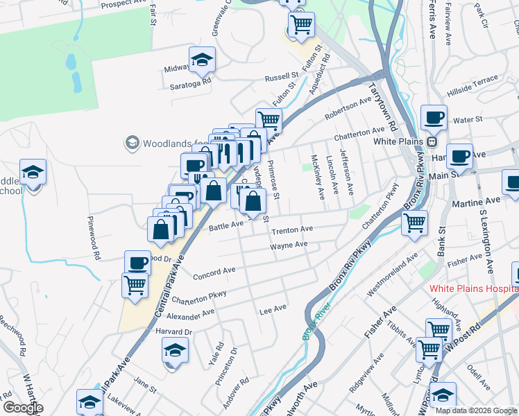 map of restaurants, bars, coffee shops, grocery stores, and more near 43 Independence Street in White Plains