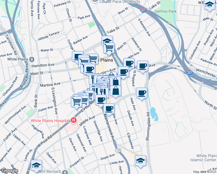 map of restaurants, bars, coffee shops, grocery stores, and more near 189 East Post Road in White Plains