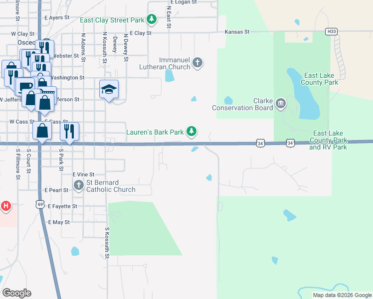 map of restaurants, bars, coffee shops, grocery stores, and more near 770 East McLane Street in Osceola