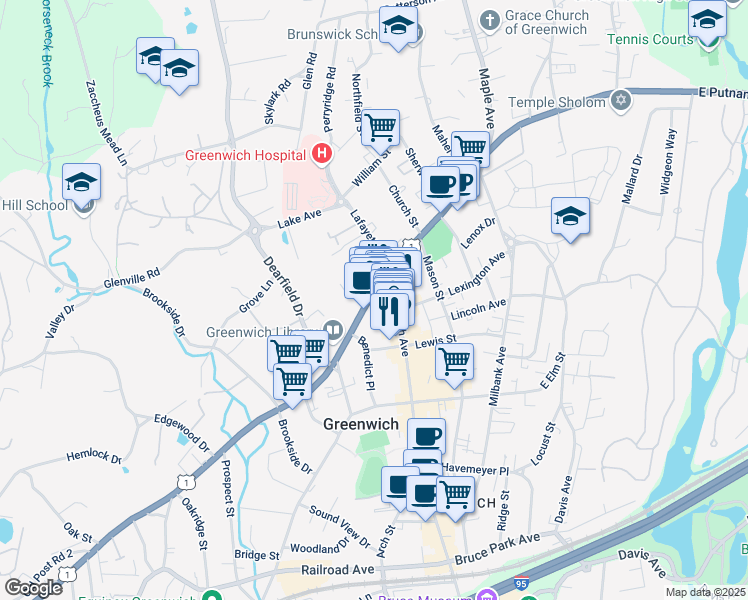 map of restaurants, bars, coffee shops, grocery stores, and more near 48 West Putnam Avenue in Greenwich