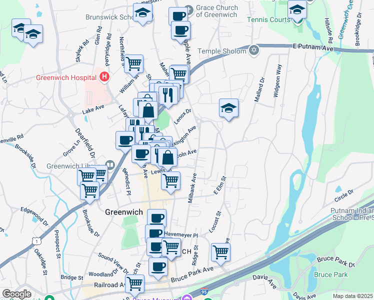 map of restaurants, bars, coffee shops, grocery stores, and more near 30 Lincoln Avenue in Greenwich