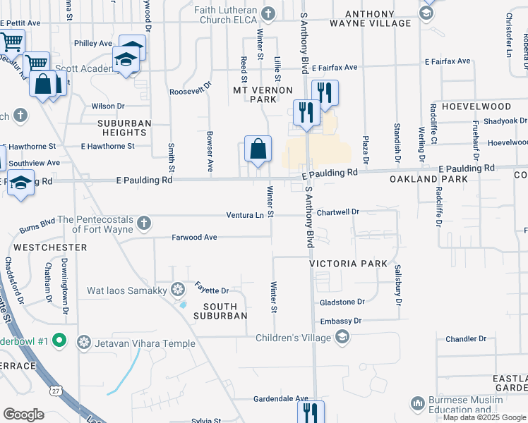 map of restaurants, bars, coffee shops, grocery stores, and more near 5812 Winter Street in Fort Wayne