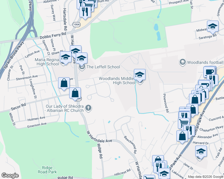 map of restaurants, bars, coffee shops, grocery stores, and more near 161 Stone Oaks Drive in Hartsdale