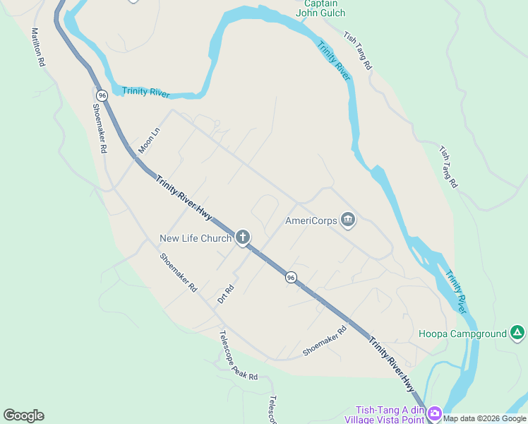 map of restaurants, bars, coffee shops, grocery stores, and more near 61 Cal Pak Road in Hoopa