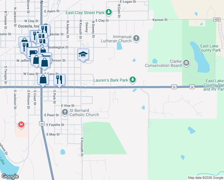map of restaurants, bars, coffee shops, grocery stores, and more near 609 East McLane Street in Osceola